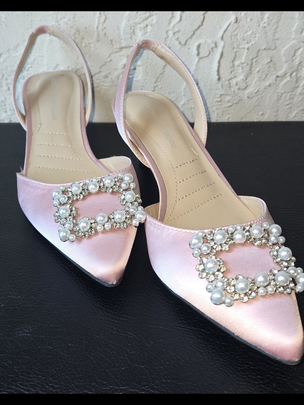 Adrienne Vittadini Pink Satin Pearl & Crystal Slingback Flats